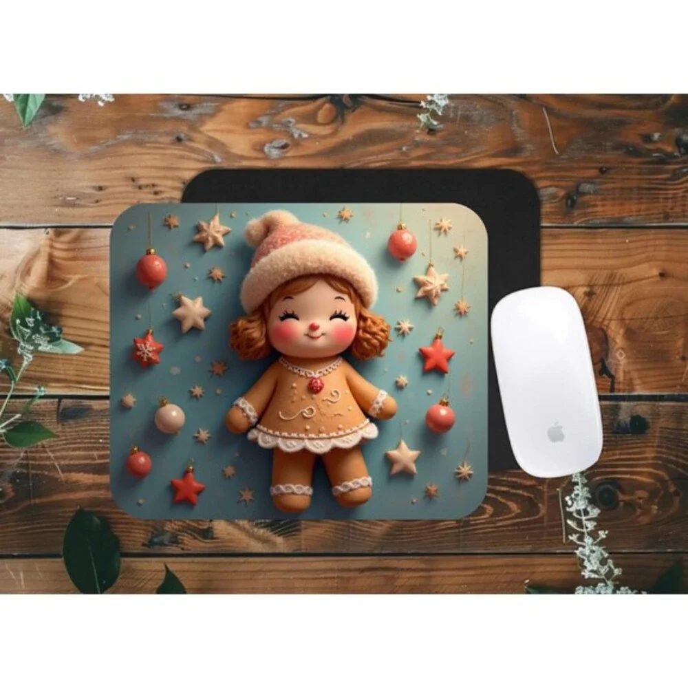 Adorable mouse pad featuring a cute Christmas gingerbread doll design with stars